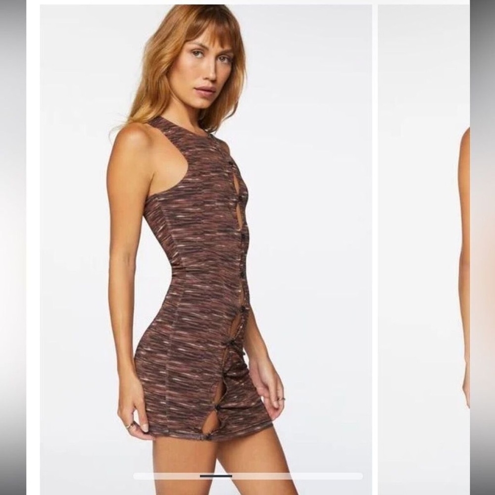 FOREVER 21 NWT Asymmetrical Brown Dress Button Up Cutout Mesh Stretchy